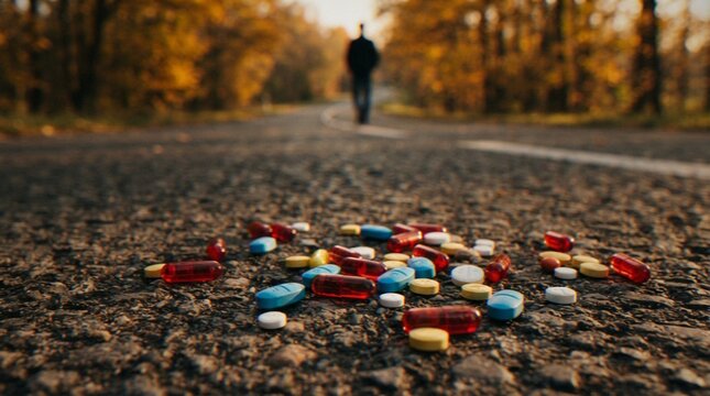 A pile of assorted colorful prescription pills and capsules scattered on an asphalt road with a blurred person walking away in the distance.