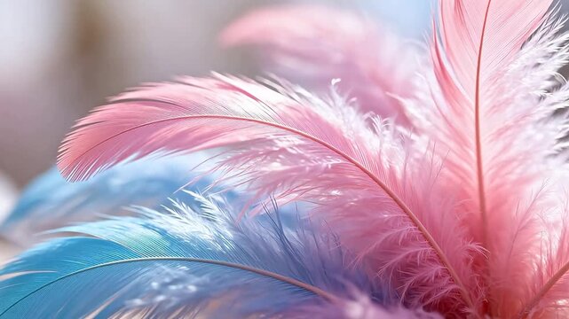 Pink and blue feathers in closeup