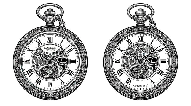 Vintage Pocket Watch Duo, Ornate Mechanical Clock Faces, Retro Timepiece Illustration