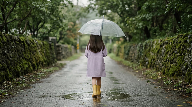 장마철 숲길에서 우산을 든 여자아이 뒷모습 / Girl Walking with Umbrella on Rainy Forest Path