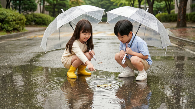 투명우산 아래 물웅덩이를 보는 남매 / Siblings Watching Puddle Under Transparent Umbrella