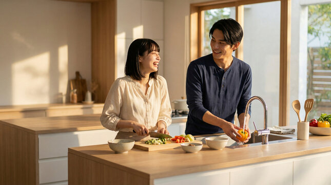 アイランドキッチンで仲良く料理をする日本人夫婦、野菜洗い