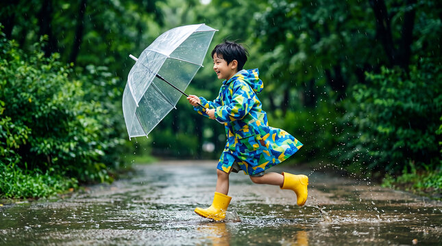 빗속에서 투명우산을 들고 뛰는 소년 / Boy Running with Transparent Umbrella in Rain