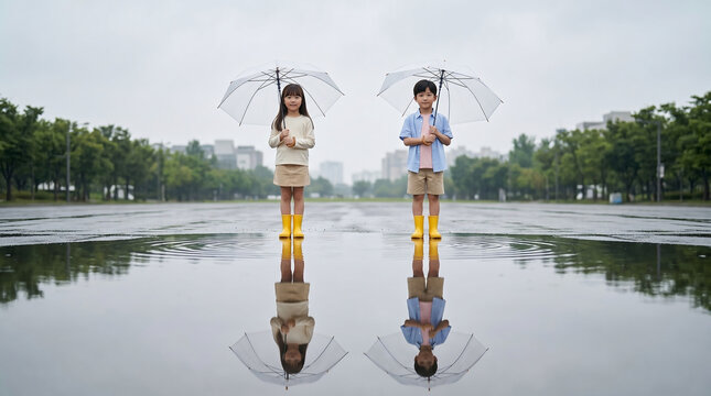 장마철 물웅덩이 위 장화를 신은 남매 / Siblings in Rain Boots Standing on Puddles