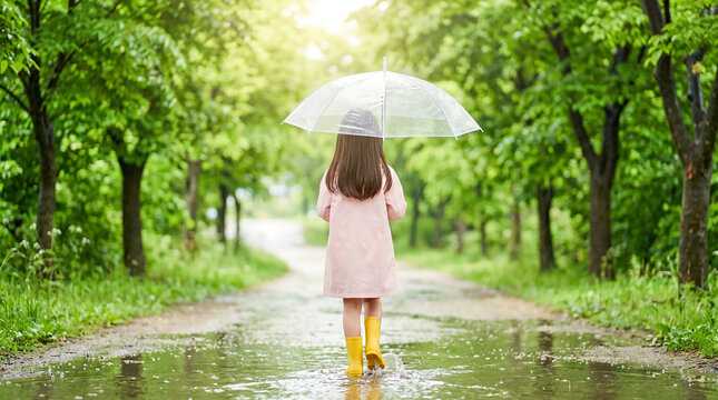초록 숲길에서 우산을 들고 선 여자아이 / Girl Standing with Umbrella on Green Forest Path