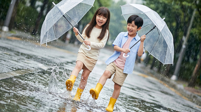 비 오는 날 우산을 쓰고 장난치는 남매 / Siblings Playing with Umbrella on Rainy Day