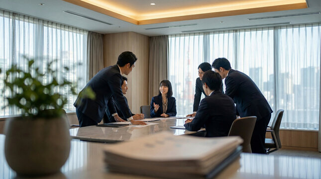 会議室で複数の男性社員と真剣に議論を交わす日本人女性