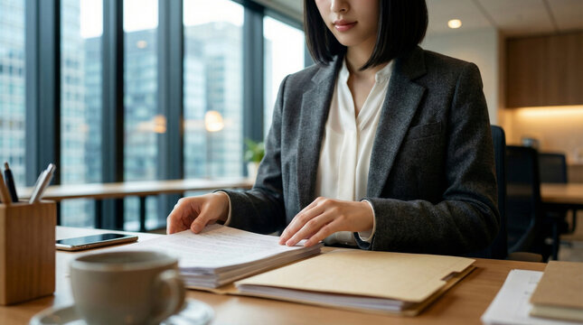 オフィスのデスクで書類の束を真剣に確認する日本人女性