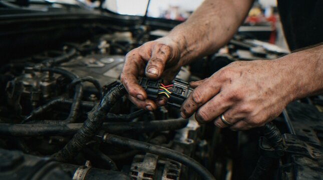 Close-up of a mechanic's greasy hands connecting electrical wiring harness connectors during a car engine repair in a workshop.