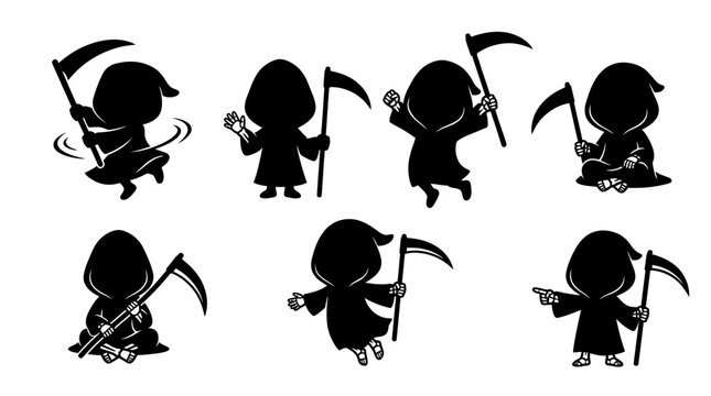 Grim Reaper Cartoon Silhouette Characters. cute Halloween Grim Reaper mascot silhouette vectors