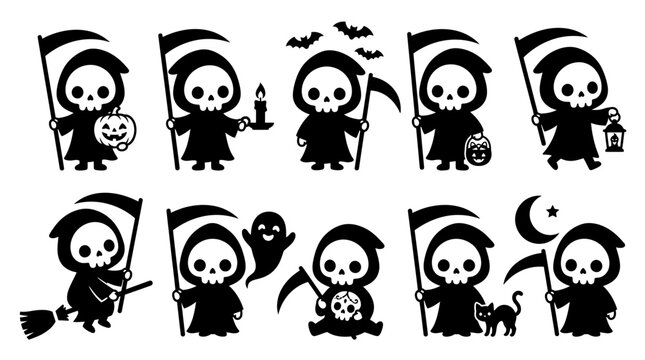 Grim reaper cartoon characters various poses. cute Grim Reaper cartoon character silhouettes, Halloween concept, vector illustration