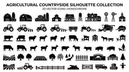 Agricultural Countryside Silhouette Collection: Vector Icons of Farms, Tractors, Animals, and Crops © Mangga