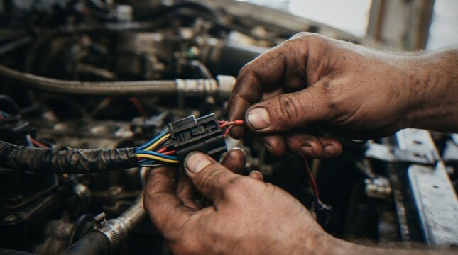 A close-up shot of a mechanic's dirty, grease-stained hands working on the electrical wiring harness of a car engine.