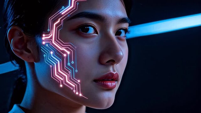 Woman with glowing circuit design on face