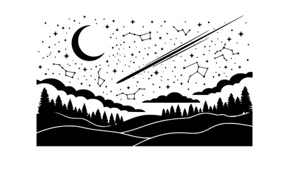 night, landscape, moon, crescent, stars, meteor, comet, sky, forest, trees, hills, clouds, silhouette, nature, woodland, astronomy, celestial, galaxy, stargazing, scenic, outdoors, vector, illustratio © MdArif