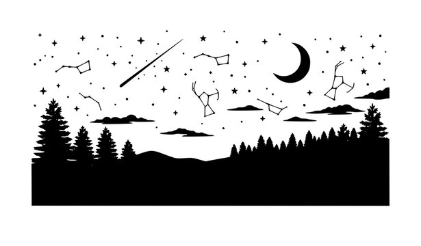starry, night, moon, crescent, shootingstar, meteor, stars, constellation, forest, pine, hills, clouds, silhouette, landscape, wilderness, scenic, celestial, astronomy, nature, outdoors, horizon, vect