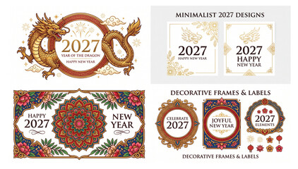 2027 year of the dragon decorative frames and labels set with elegant mandala and floral borders decoration oriental celebration illustration greeting invitation ornament traditional © Shaon