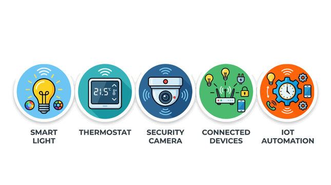 The illustration depicts smart home devices including a light bulb thermostat security camera connected devices and IoT automation icons on a white background.