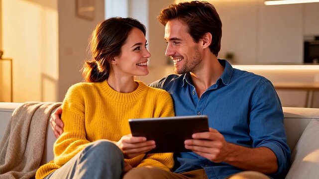 Couple using tablet on couch