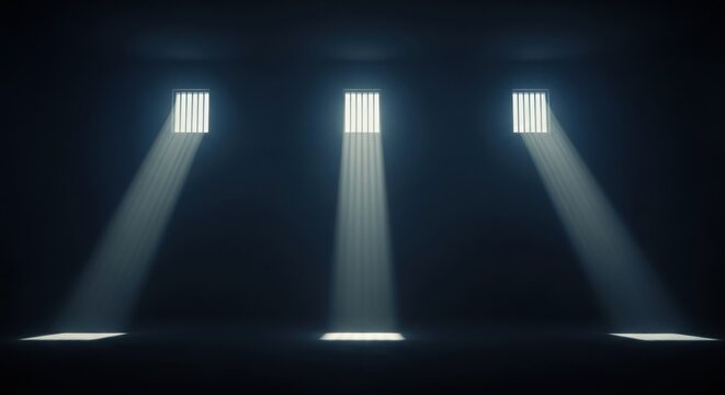 Three light beams shining through barred windows into a dark, empty prison cell or industrial room