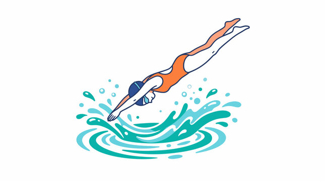 Female swimmer in orange swimsuit dives into blue water with splashes and ripples