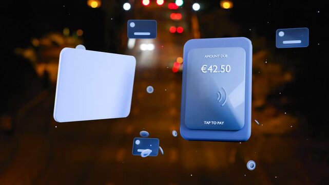 Bokeh lights starting, card, terminal rotating, revealing 4815, &euro;42