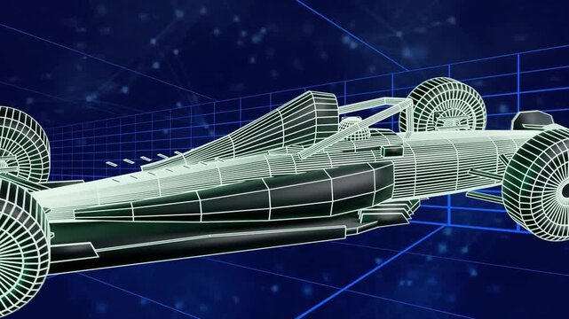 Camera starting orbit, revealing hovering wireframe single-seat car, showing cockpit and rear wing