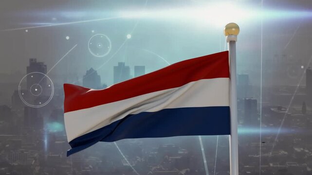 Wind starting tri-band flag waving on metal pole, ripples crossing bands, graphics glowing for demo