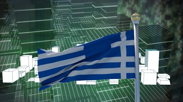 Wind gusting, blue flag showing white cross, waving from gold pole, grid and blocks shifting