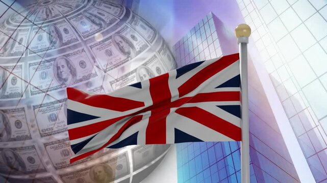 Union Jack flag responding to simulated breeze, oscillating and rippling, representing finance