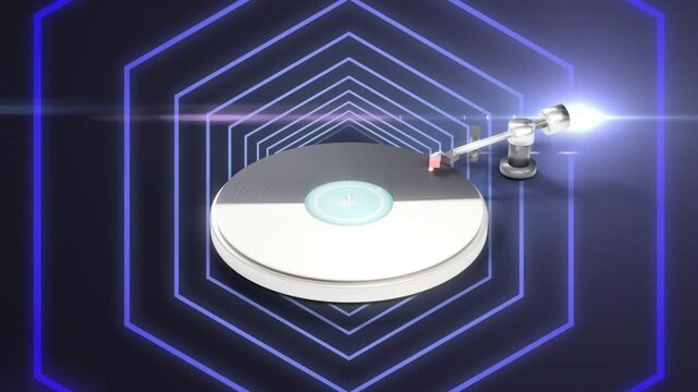 On cue turntable spinning arm sliding outward to play flares sweeping right camera panning looping