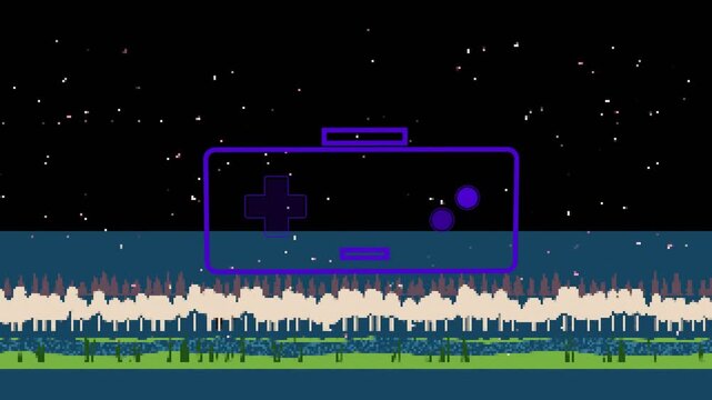 Frame two purple pad fading D-pad forming, buttons pulsing, glitching reforming, showing retro vibe
