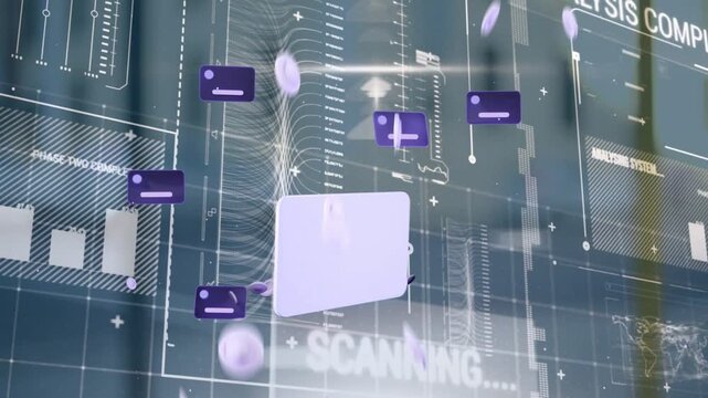 Purple nodes and coin tokens falling, rounded device with lens rotating, enabling SCANNING overlays