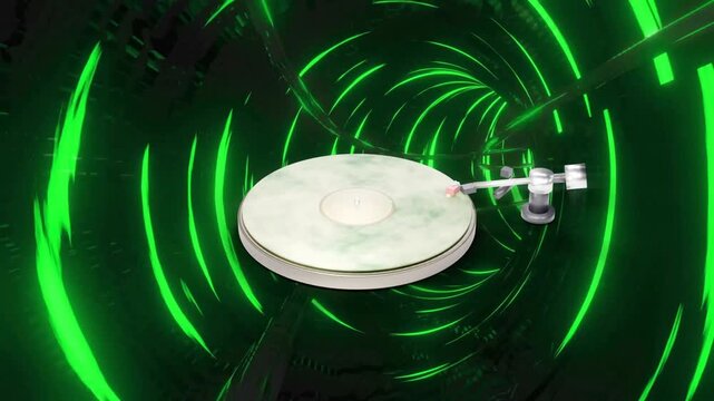 on playback CGI platter rotating neon rings spiraling camera pushing tonearm tracking showing depth
