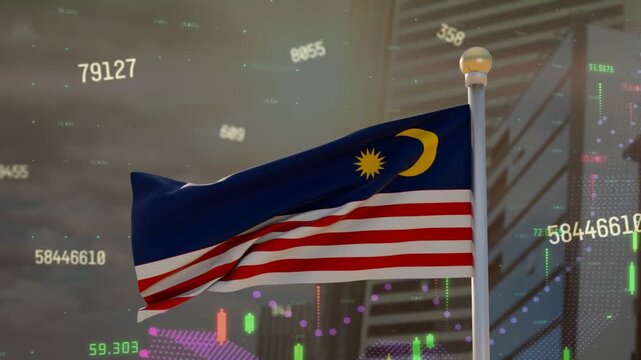Wind gust starting Malaysian flag billowing while financial overlays forming, showing market trends