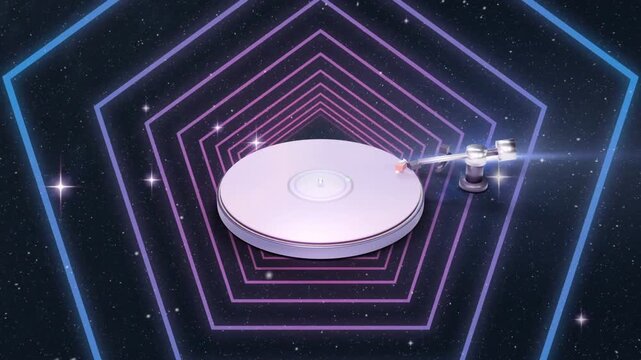 3D turntable rotating, tonearm lowering stylus and initiating inward sweep to reveal neon tunnel