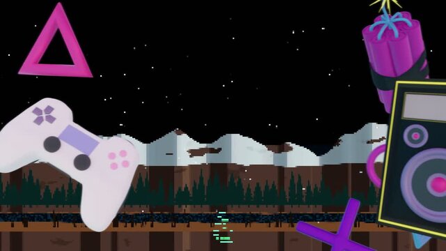 Neon pulse starting gaming icons drifting and rotating to reveal mountain backdrop and HUD bars