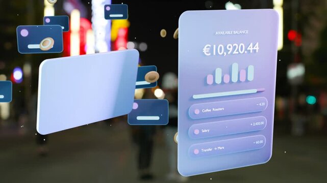 Floating AR UI cluster appearing on scene start, drifting, rotating, revealing balance and payments