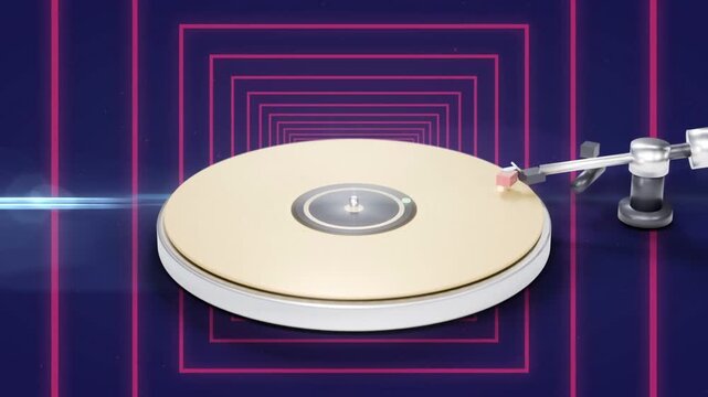 On play cue gold platter spinning, silver tonearm lowering and tracking inward, showing playback