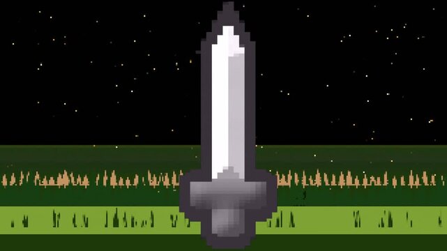 Looping pixel-art sword centered, shimmering while grass and stars twinkling, suggesting hovering