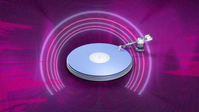 Blue vinyl record playing after neon arcs fading tonearm lowering tracking inward showing loop