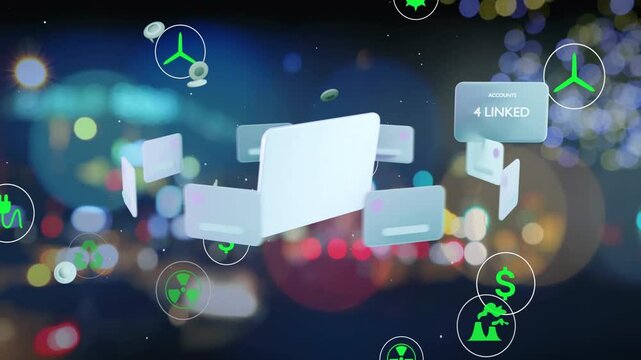 Blank card floating forward, rotating to reveal lens, sending orbiting icons for linked accounts