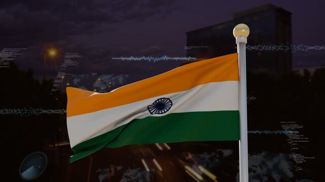 Tricolour flag billowing and rippling under gusts, HUD graphics appearing over dark city skyline