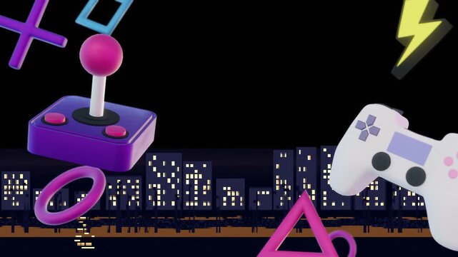 Neon gaming icons emerging from top, drifting and rotating across skyline, creating looping flow