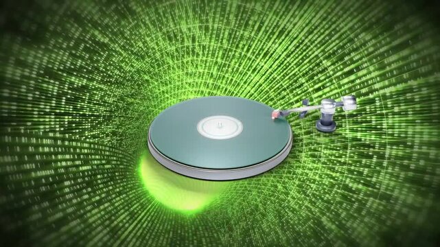 Camera pulling back, turning platter smaller in green tunnel while tonearm sliding inward to cue