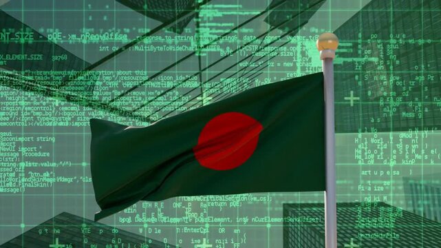 Mounted national flag billowing after simulated wind gust, revealing full circular red emblem
