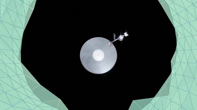 Jagged black opening forming in teal dome, person holding pole, rotating, staying tethered to disc