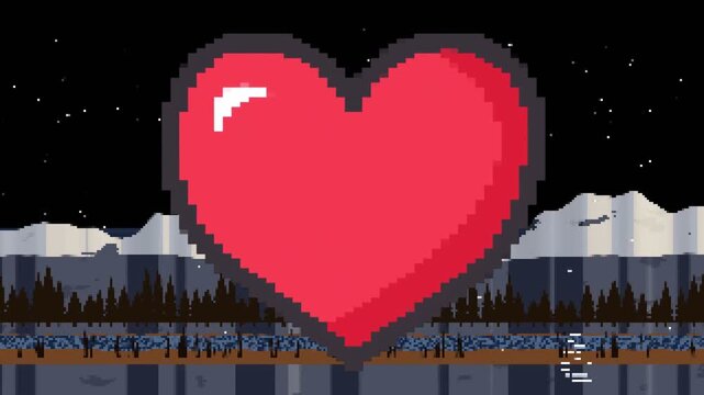 On playback start, pixel heart holding center stars pulsing and ripples moving right, adding depth