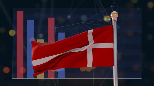 Simulated wind driving Danish flag waving while colored bars rising from left, revealing chart data