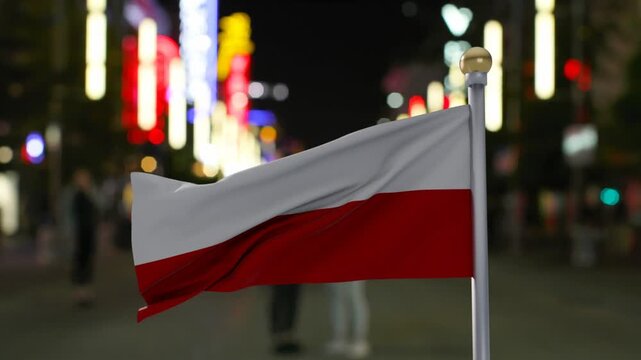 Mounted bicolor flag waving and folding under light breeze, neon bokeh framing blurred pedestrians